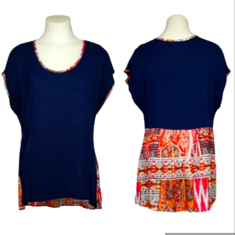 Signature Studio Navy Orange Print Top Sz XL